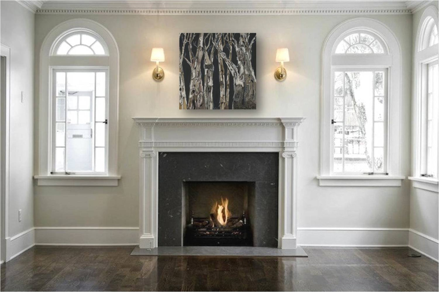 Large square canvas art of trees in dark colors over the fireplace mantel , in a traditional contemporary living room
