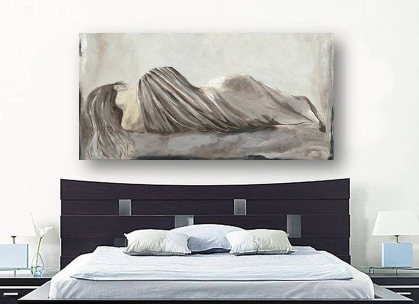 Oversized Reclining Figure of Woman Wall Art Print in monochromatic muted colors - on a large bedroom wall