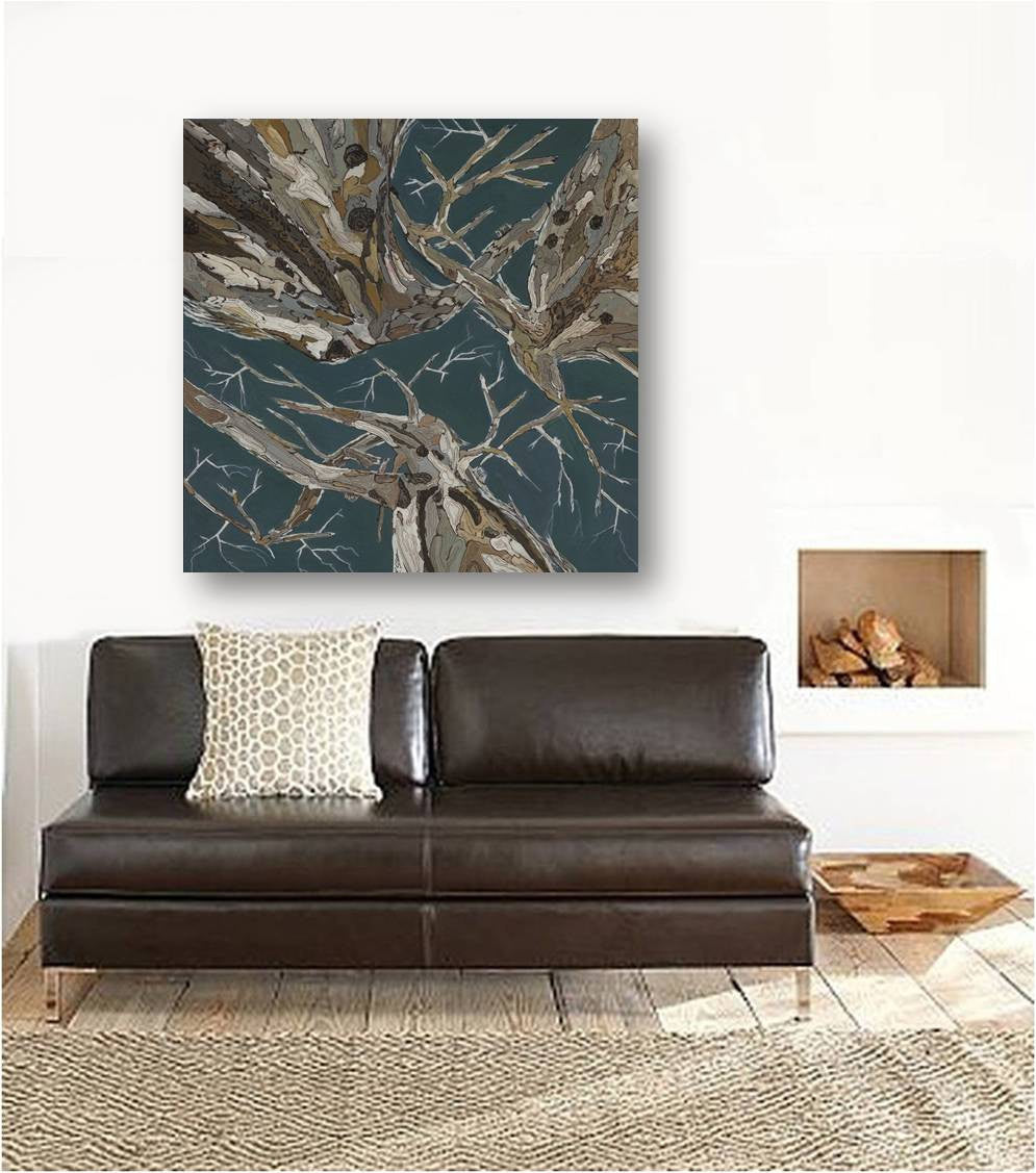 Oversized deep sea foam blue abstract art on empty wall in rustic space above a sofa
