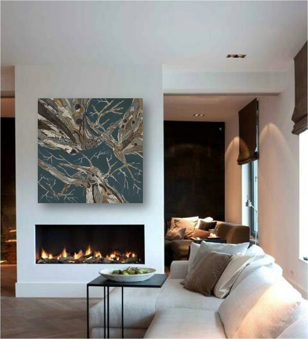 Large steely blue abstract artwork on a wall above a fireplace in white contemporary living room