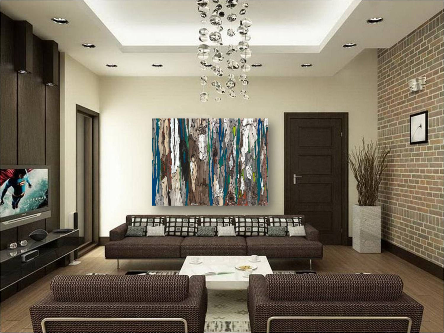 Huge abstract canvas print of abstract trees in a large MCM mid-century modern living room
