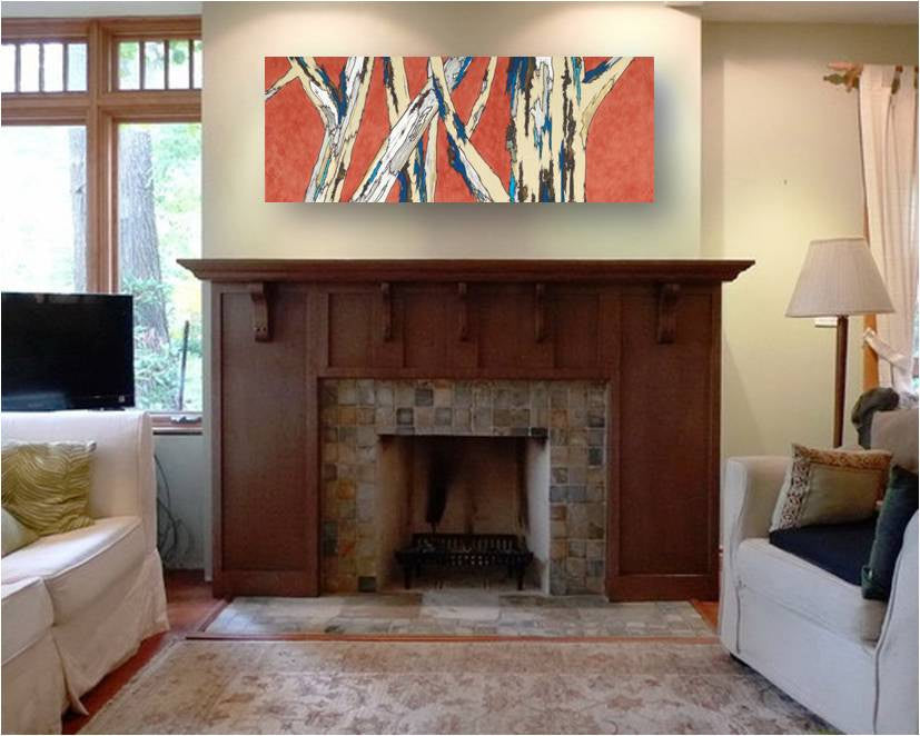 Horizontal orange and blue wall art above a wood mantel fireplace in a living room