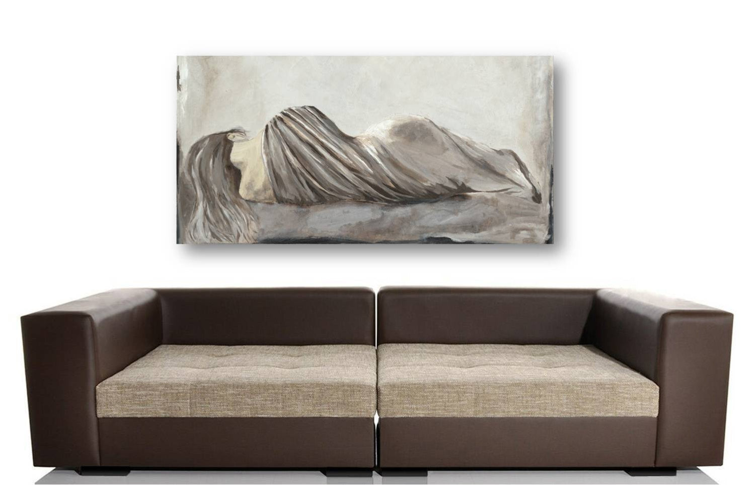 Figurative horizontal monochromatic moody artwork on a wide blank wall of a MCM living room