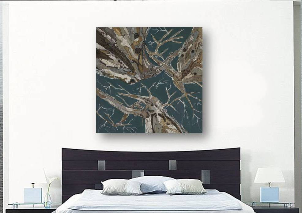 Oversized canvas wall art of abstract with sea foam blue and browns in transitional bedroom