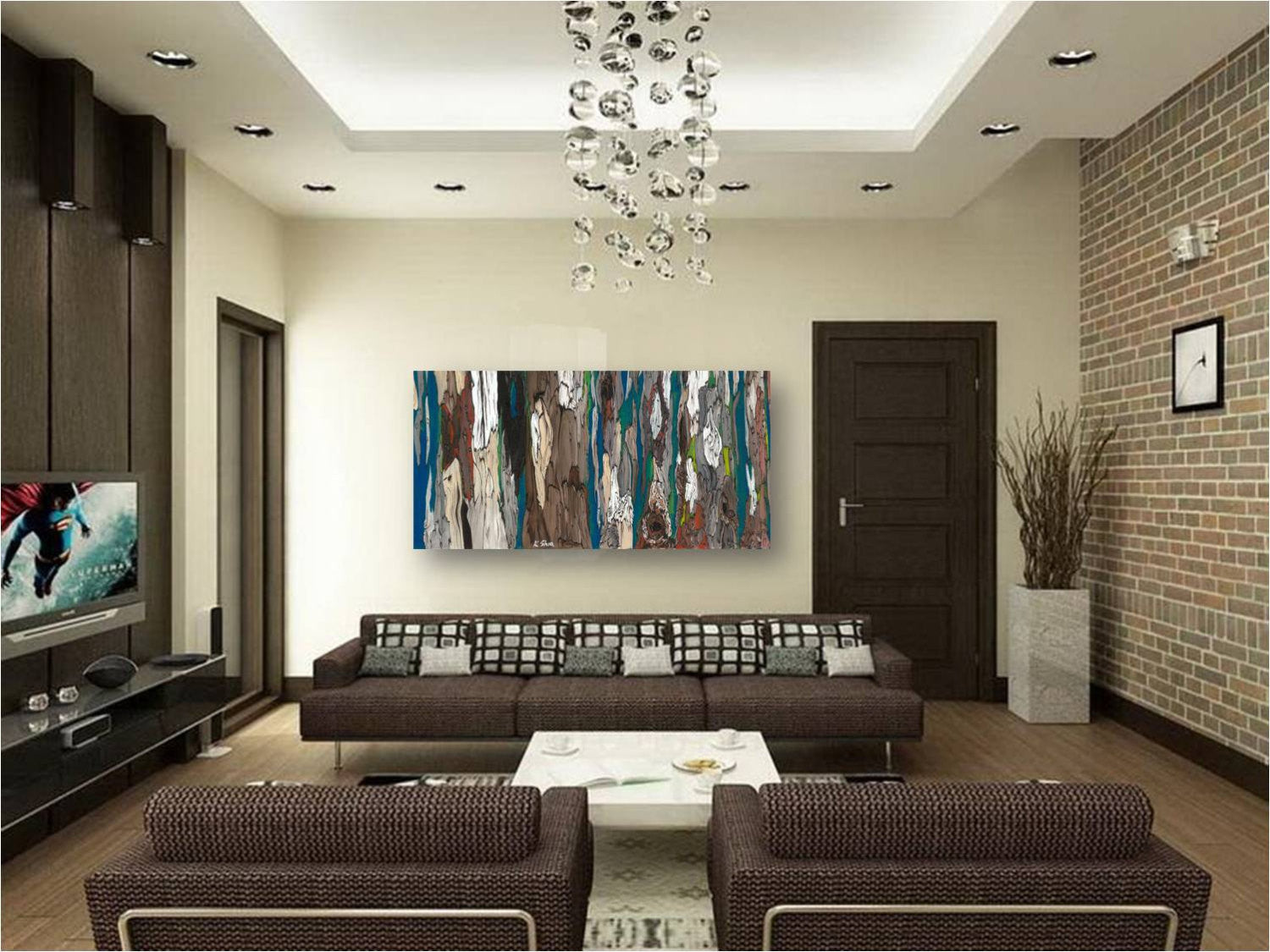 Extra large abstract horizontal artwork with blues and browns in MCM mid century modern living room