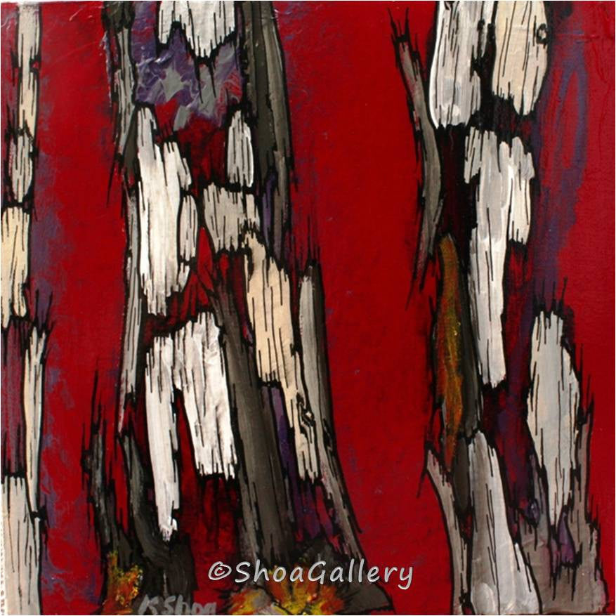 A small red abstract painting of tree trunks with a high gloss varnish finish on a gallery-wrapped double stretched canvas.
