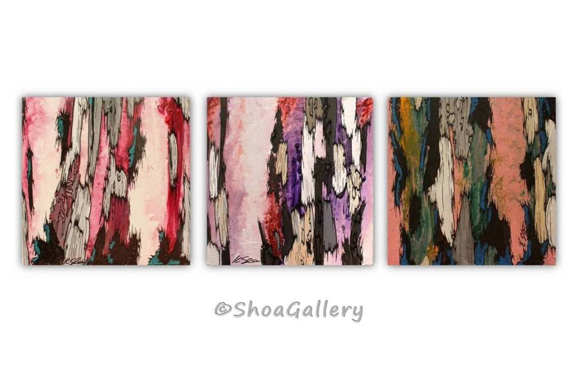 3 modern small original paintings of abstract tree trunks. Shades of pink, purple. Feminine, modern settings.