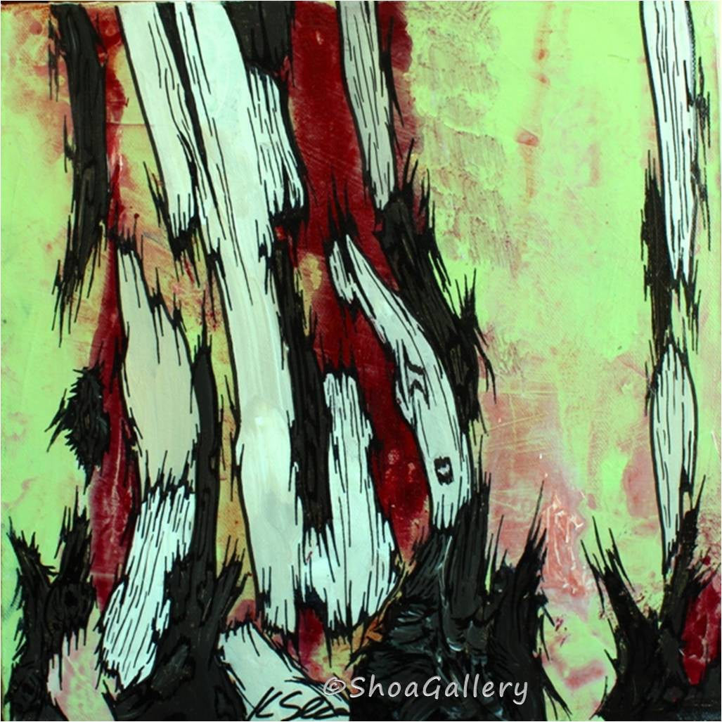 Abstract small original painting of trees in green chartreuse, mint, dark red. High gloss varnish.