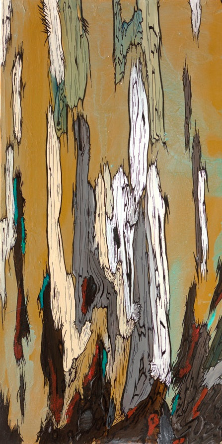 Large Ochre Abstract Tree Trunks Diptych — Two-Panel Canvas Wall Art