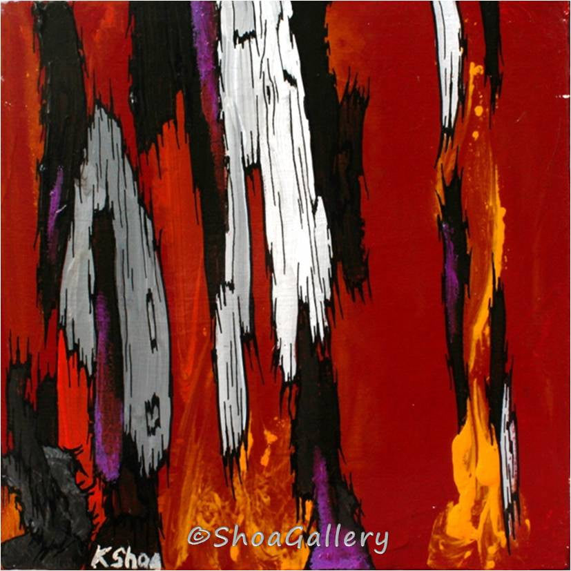A small red abstract painting of tree trunks with orange accents, signed by the artist. Decor style: modern, transitional, contemporary.
