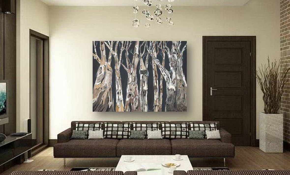Extra large Tree Landscape Artwork on huge blank wall of MCM living room