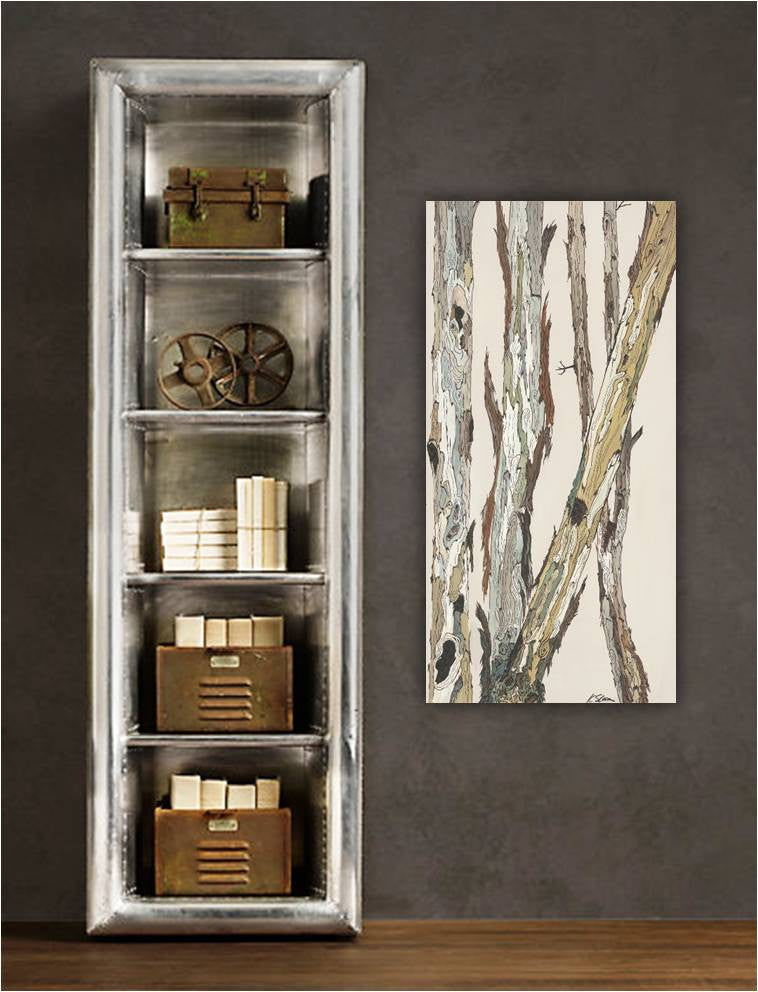 Vertical canvas print of trees in neutral and white colors on a dark wall in rustic living room or office.