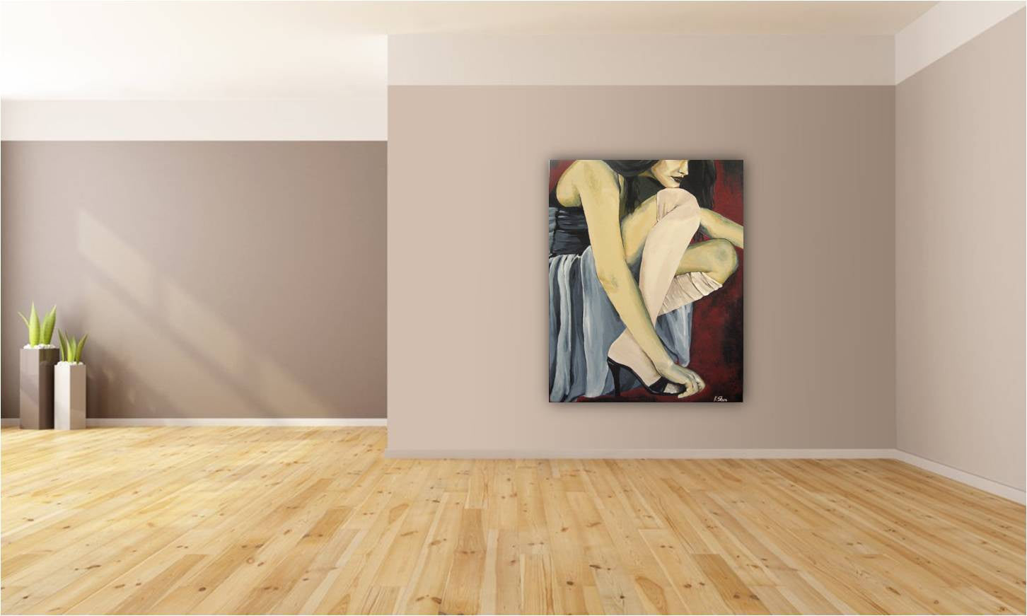 Oversized canvas art print of sensual high fashion woman on huge blank wall of contemporary living room
