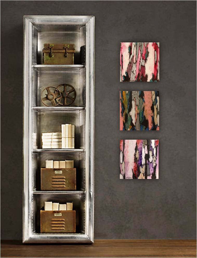 Three original abstract paintings of trees - vertical arrangement on dark wall