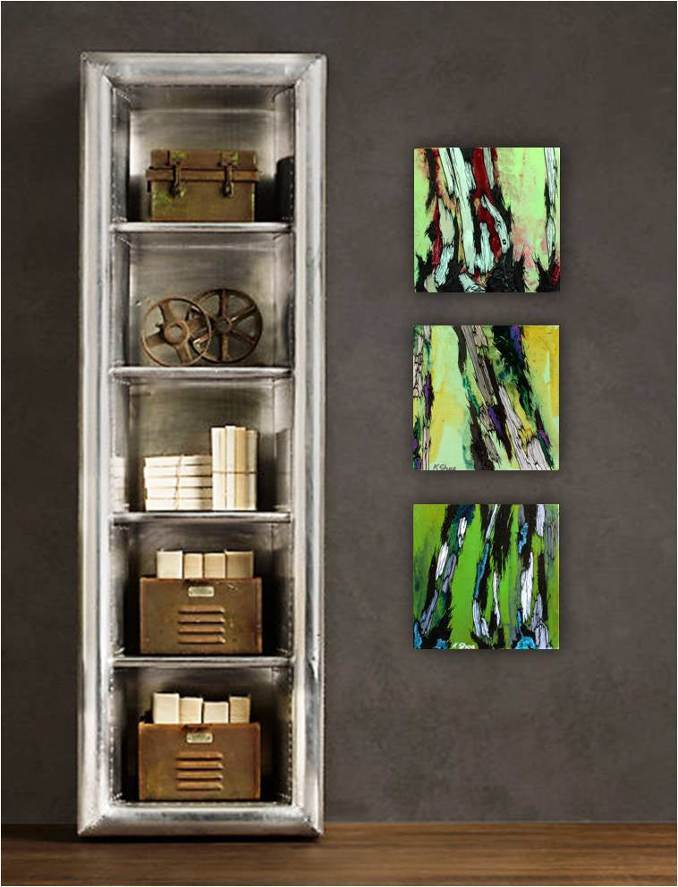 Original acrylic paintings of trees. Small paintings hung vertically in a study or a living room. Shades of green.