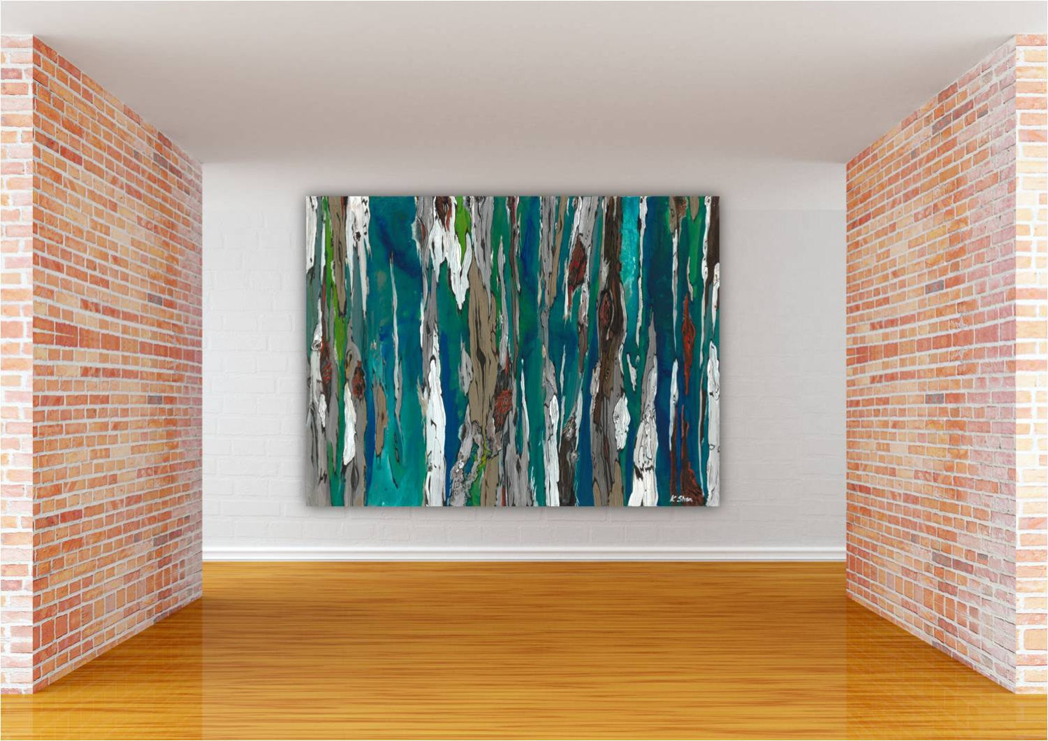 Huge canvas wall art in abstract shades of blue, with white accents - on a massive wall in commercial space