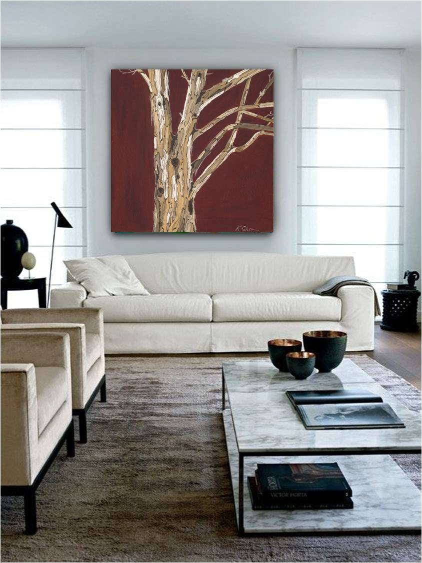 Oxblood Red Artwork of Tree Trunk — Square Canvas Wall Art in All White Modern Living Room
