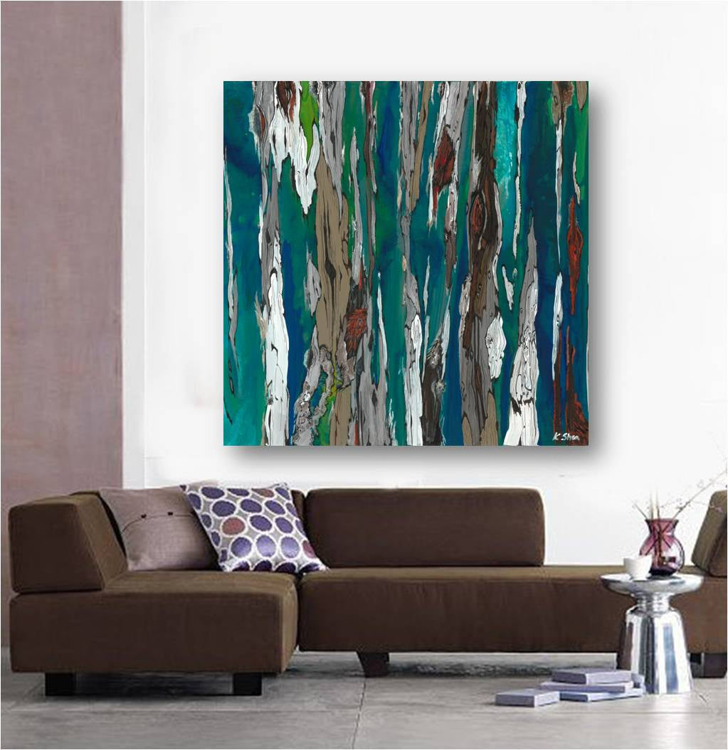 Extra large blue abstract canvas art print with white, brick red accents, in a MCM mid-century modern space with a sectional