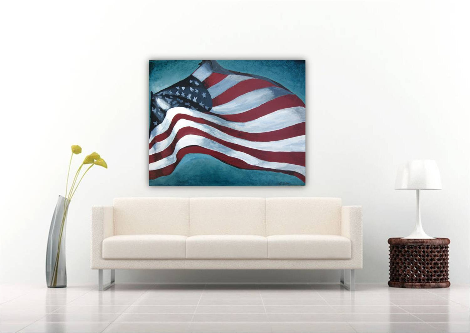 Oversized canvas art print of the American Flag - modern all white living room above sofa