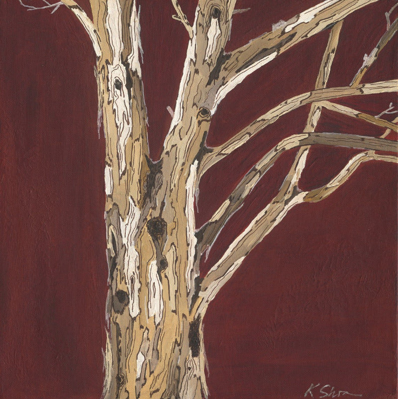 A large square oxblood red wall art featuring a modern tree art canvas print. Perfect for modern and contemporary decor