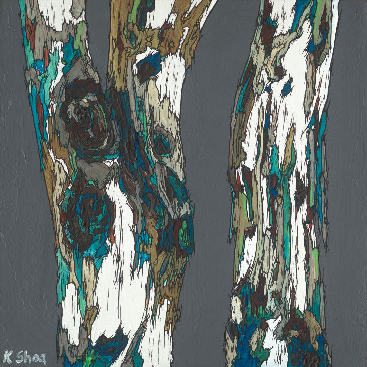 Original painting of trees with lots of texture on the tree bark. Acrylic artwork on dark gray background, with white, teal, blues and greens as accent.