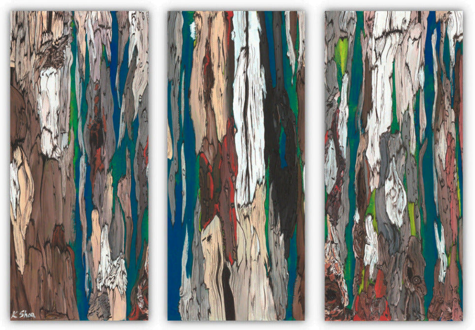 Oversized abstract triptych artwork for curved stairways, large walls. Blues, browns, white. Modern, Contemporary.