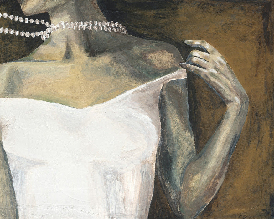 Extra large figurative canvas art print with a woman's body and pearls - Feminine ochre and white bedroom artwork
