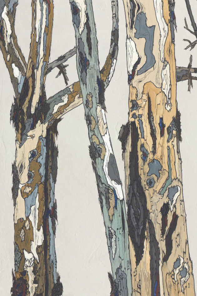 A large canvas print of white birch trees in soft pastels, clean, airy, and calming. Vertical artwork for living rooms and offices.