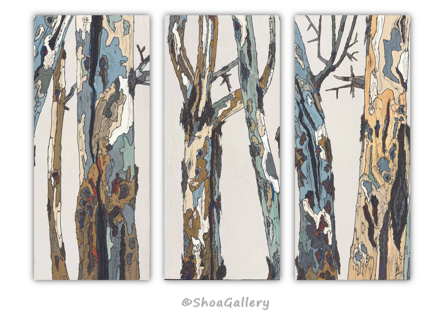 Oversized vertical triptych of trees, for tall stairways and curved walls. Prints up to 6 feet tall.