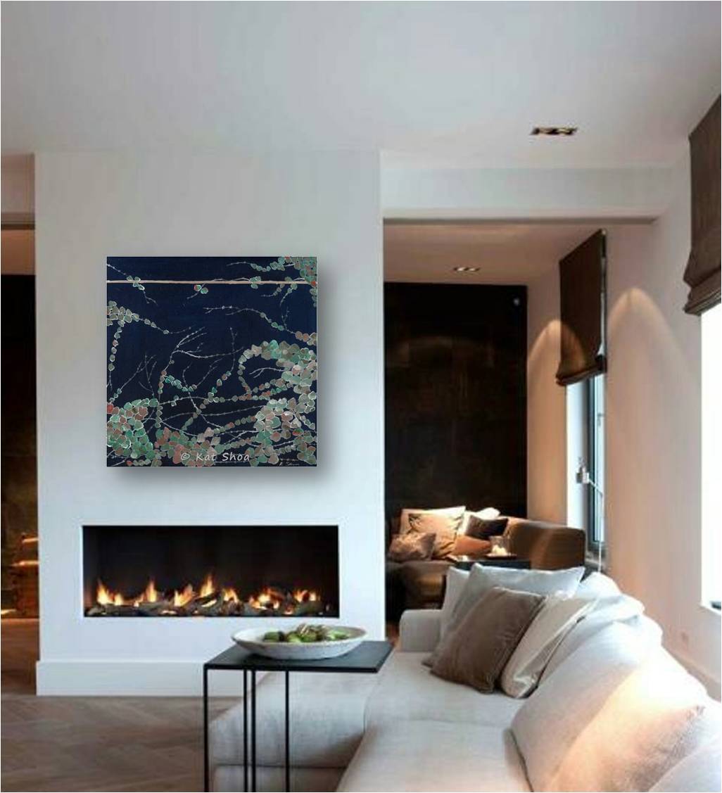 Oversized canvas art print - deep blue, green shades, on a white wall above a modern fireplace
