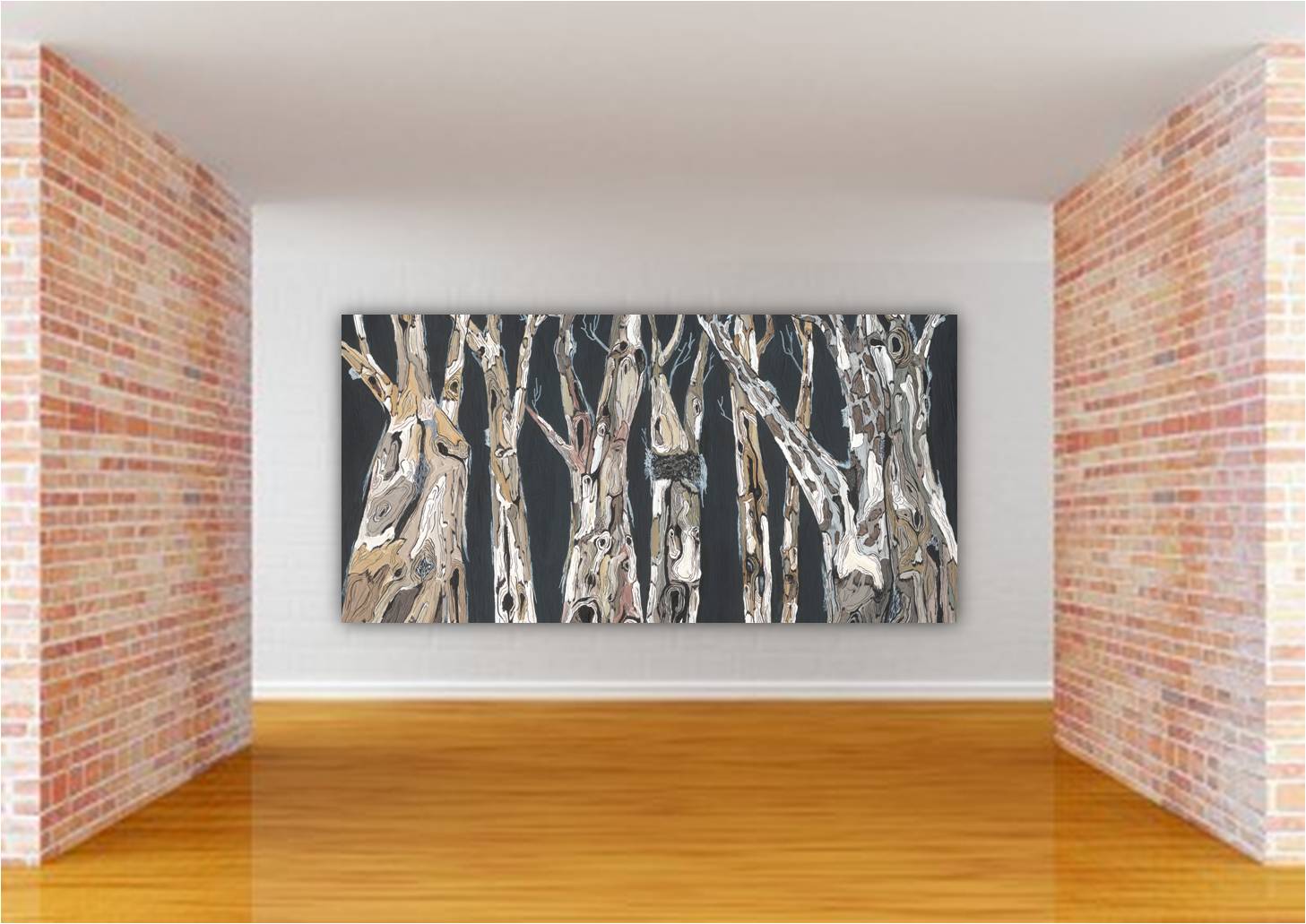 Oversized Masculine Canvas Wall Art - Horizontal Dark Charcoal Trees on a very large commercial wall