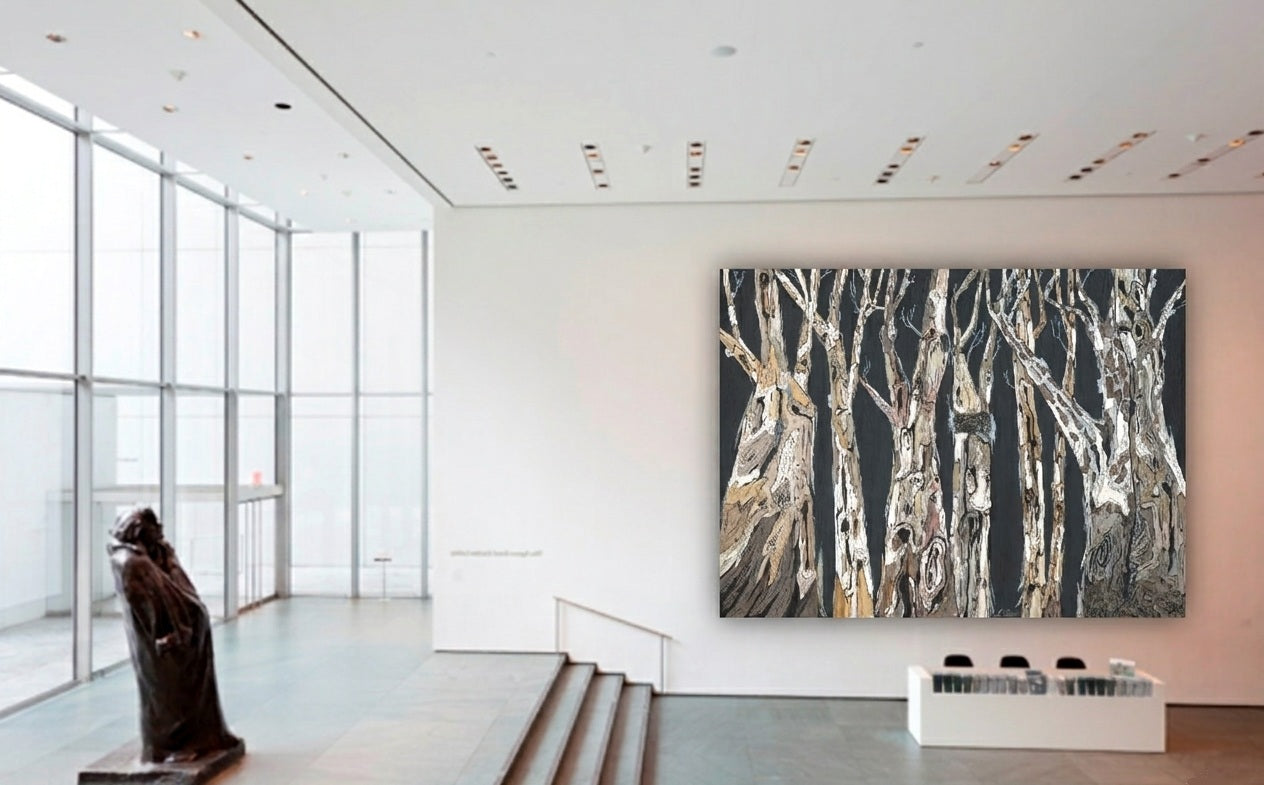 Large Artwork of Tree Trunks in Dark Charcoal — Oversized Horizontal Canvas Wall Art