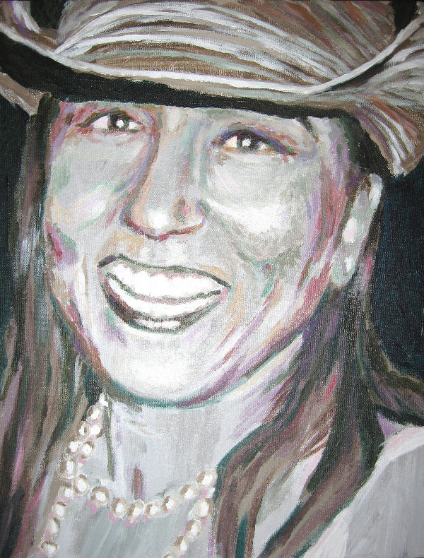 A close-up painted portrait of a smiling woman wearing a hat and pearl necklace, rendered in expressive brushstrokes with white, gray, black, brown, and pink tones. Self portrait of the gallery curator.