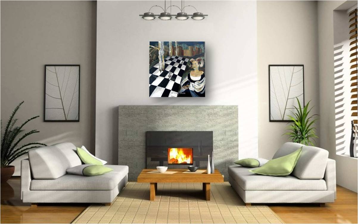 Medieval Surrealist Original Painting — Woman with Crow & Chessboard