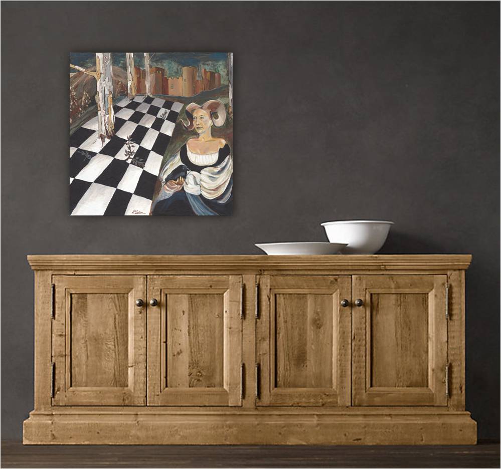 Medieval Surrealist Original Painting — Woman with Crow & Chessboard