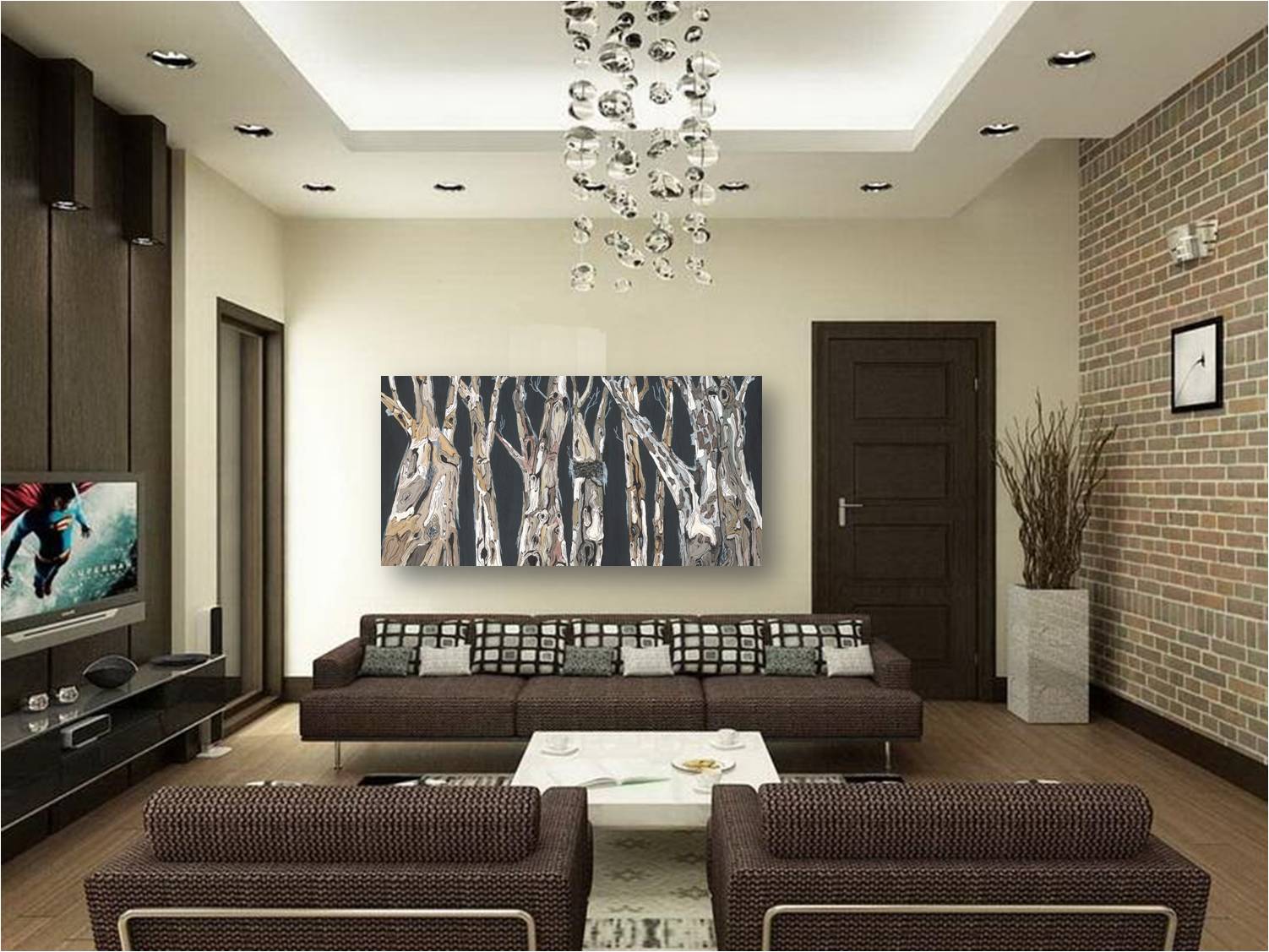 An oversized artwork of landscape with trees on a dark gray background - displayed in a large wall in a MCM (mid century modern) living room. 