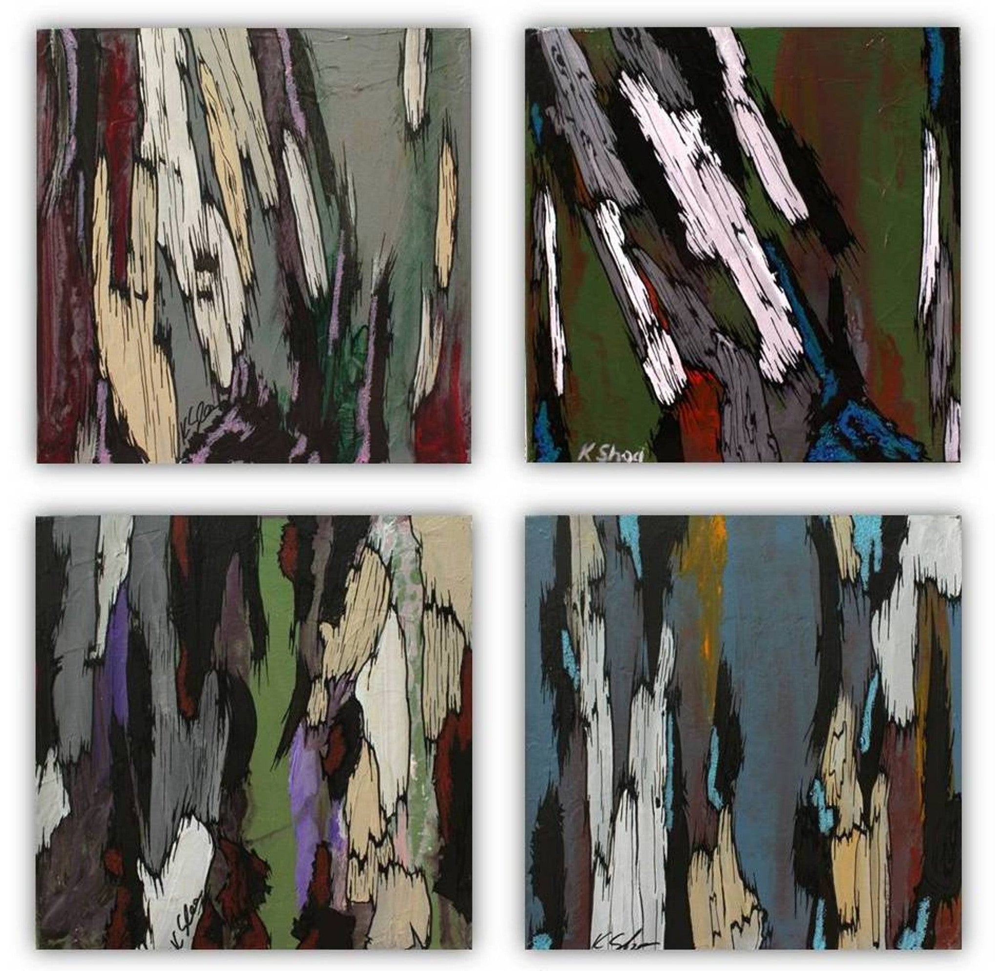 Gallery wall hanging of original artwork in multiple colors. Four original paintings shown.