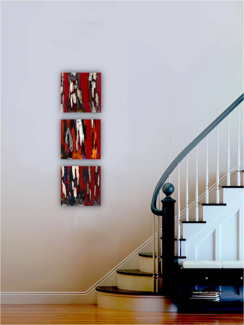 3 small original abstract paintings hung vertically next to a staircase. Various shades of red.