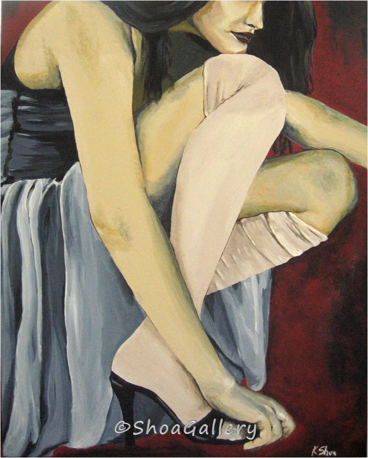 Original painting of sensual woman in fashionable clothes showing bare arms and legs
