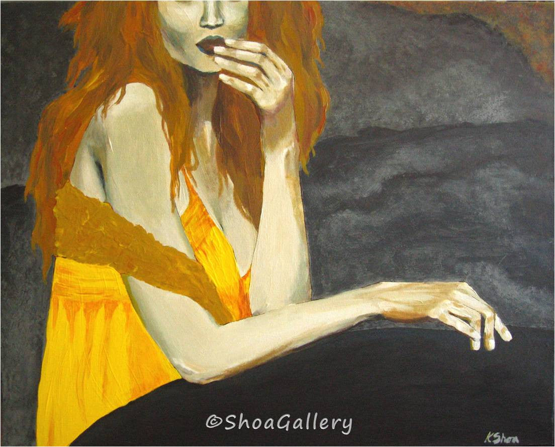 Sensual Figurative Painting of a young redhead woman wearing  revealing yellow against dark gray. 