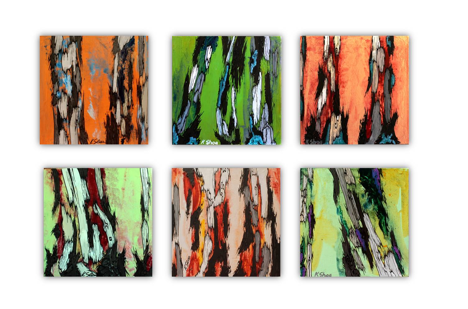 Six abstract original small paintings hung in a gallery wall. Shades of orange, green, chartreuse, mint, beige.