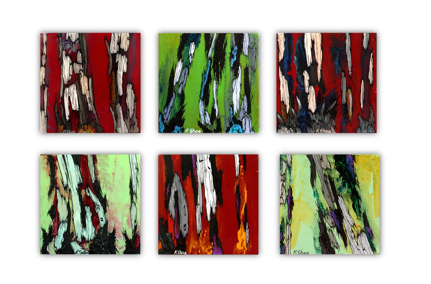 Set of six red and green original small abstract paintings hung on a gallery wall.