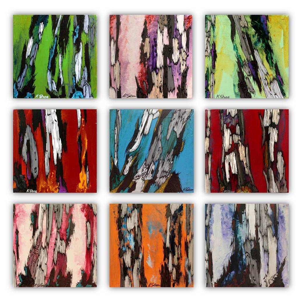 Set of 9 gallery display of colorful small original acrylic paintings