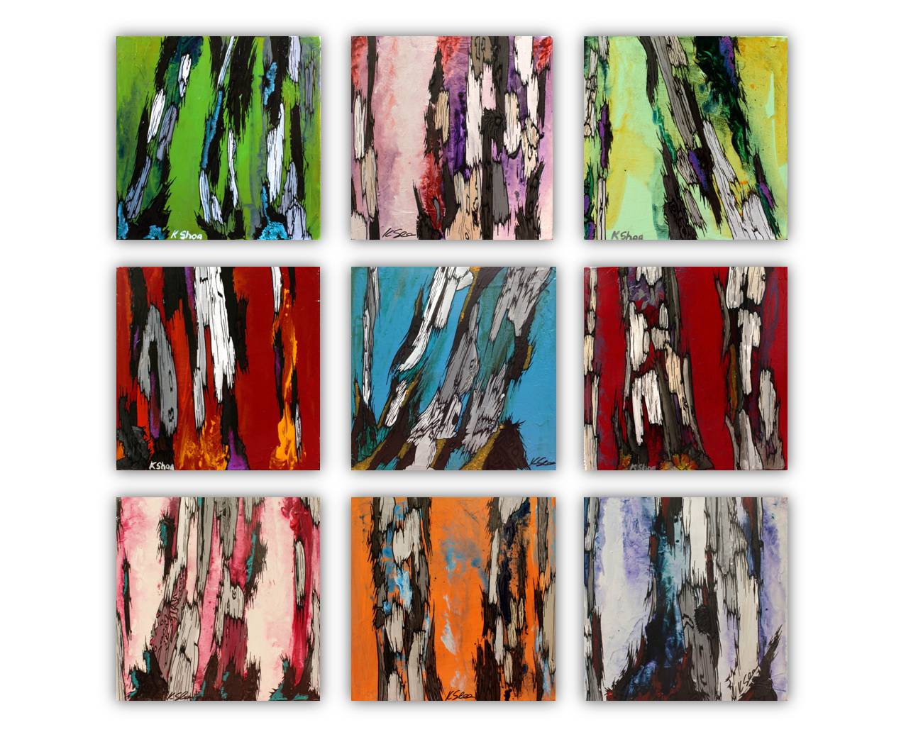Set of 9 gallery art hangings of small abstract paintings of trees. Reds, orange, blues, purples, pinks, greens, chartreuse. Original wall art in small sizes.