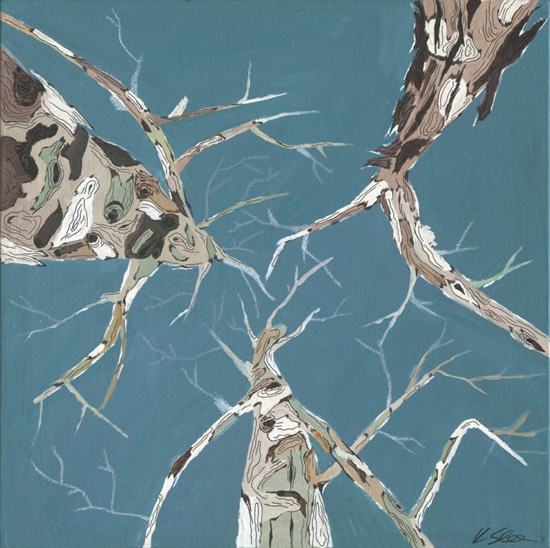 Large canvas art print in turquoise and baby blue - tree canopy looking up into the sky. 
