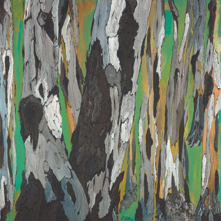 Large canvas print. Abstract green modern wall art with a pattern of trees.