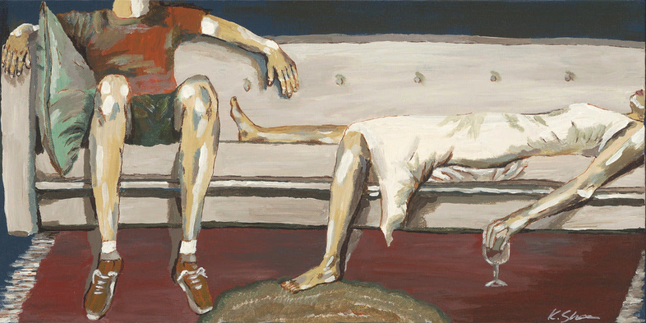 Large canvas art print of a couple on a couch, drinking wine, relaxing - red, blue, and white. 