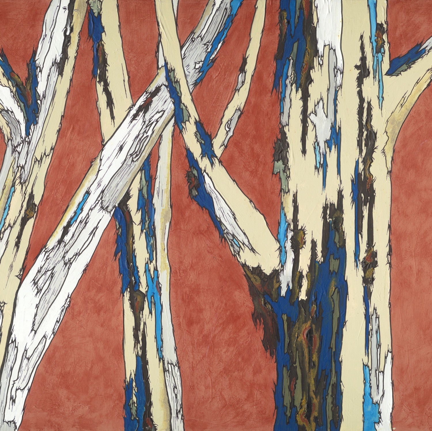 Modern Orange & Blue Birch Trees — Oversized Square Canvas Wall Art