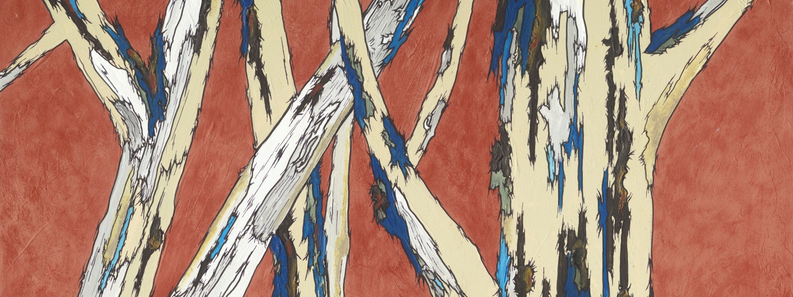 Huge Orange & Blue Birch Tree Landscape artwork - Extra Wide canvas print for modern and contemporary settings.