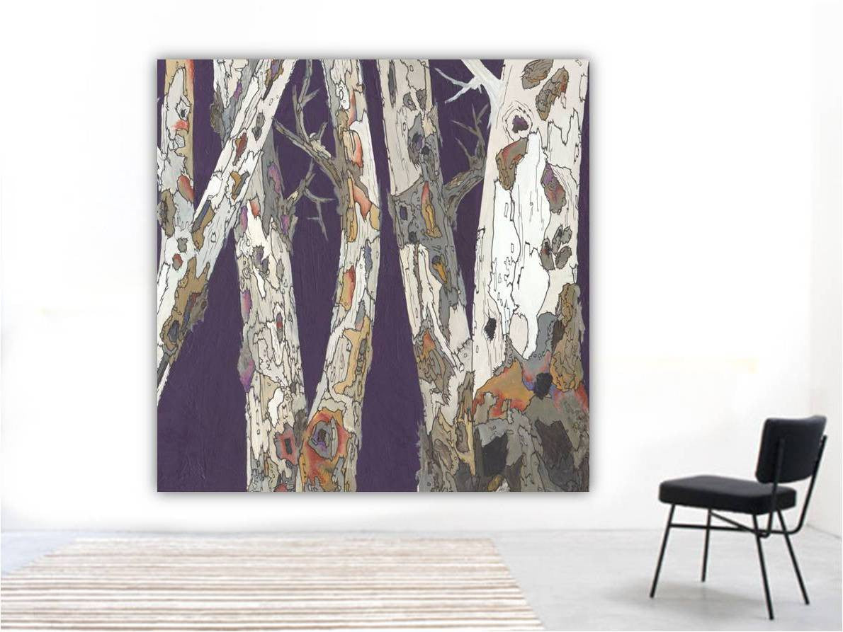 An extra large square canvas wall art w/ birch trees in purple and white colors, displayed in a modern living room or commercial setting.